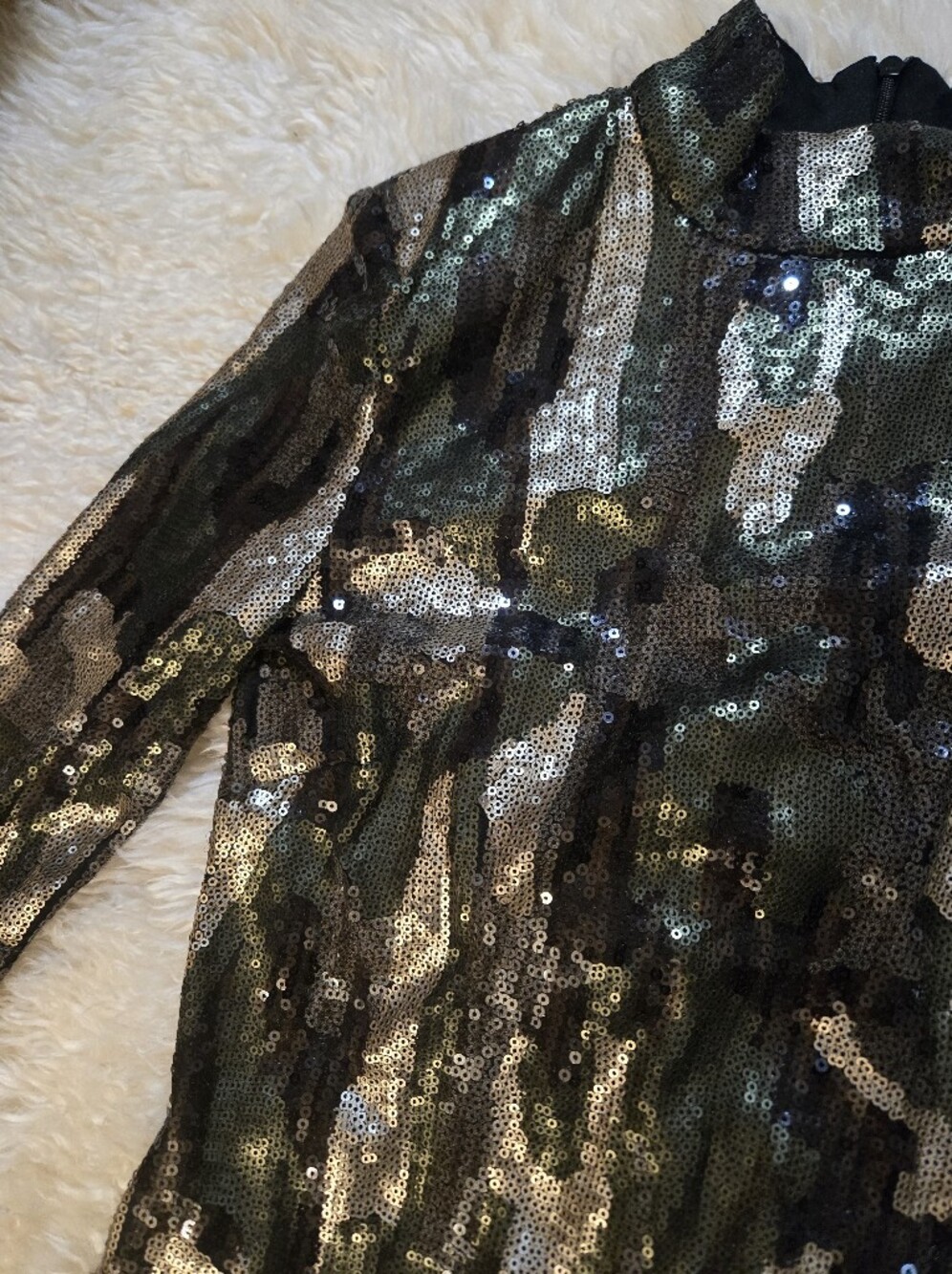 Zara Kahki Sequin Camo Bodycon High Neck Long Sleeve Midi Event Dress Size Small - Picture 9 of 14